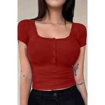 Kadın Kırmızı U Yaka Düğme Detaylı Patlı Kısa Kollu Fitilli Kaşkorse Bluz Body-kırmızı