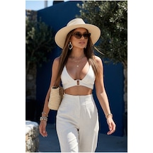 Fashion Cocktail Derin Geniş Göğüs Dekolteli Sexy Kare Metal Tokalı Dokulu Keten Seksi Sütyensiz Çamaşırsız Giyilen Crop Pantolon Tatil Yazlık Takım Set ekru