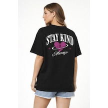 Herkesemoda Stay Kind Yazı Detaylı Basic T-shirt Siyah