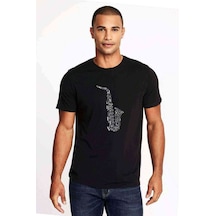 Saksafon Baskılı Siyah Erkek Tshirt
