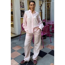 Madmext Pembe Transparan Relax Fit Çizgili Takım Mg2740