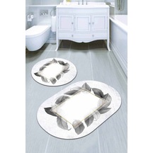 Beyaz Yaprak Temalı Oval Banyo Klozet Paspas Seti Bs092n11