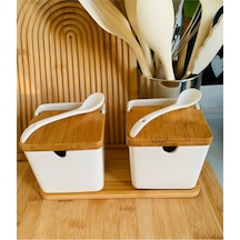 Morponi 2'li Bambu Standlı Bambu Kapaklı Porselen Kaşıklı Tuzluk Biberlik 260 Ml Gnl Ahşap