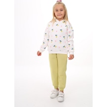 Toontoy Kids Toontoy Kız Çocuk 2'li Takım Baskılı Kapüşonlu Sweatshirt & Beli Paçası Lastikli Jogger Eşofman Altı - Renk Bloklu & 3 İplik Şardonlu Açık Yeşil