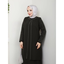 Eslemnur Kolları Taşlı Büyük Beden Anne Elbisesi Haki