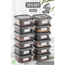 Meleni Home 12'li Kapaklı Kare Erzak Saklama Kabı Seti Baharatlık Seti Etiketli 12x 300 Ml Antrasit