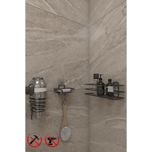 Alper Banyo Yapışkanlı Siyah TŞ01 Banyo Rafı Yapışkanlı Sabunluk Kare Fön Makinesi Askısı Siyah