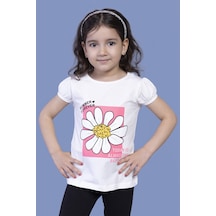 Toontoy Kids Toontoy Kız Çocuk Papatya Baskılı Taş İşlemeli Tişört Ekru