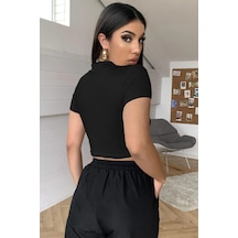 Kadın Siyah Göğüs Dekolteli Yarım Kollu Cut Out Crop Top Bluz