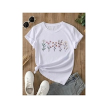 Medinenur Lavanta Desen Baskılı Basic T-shirt Beyaz