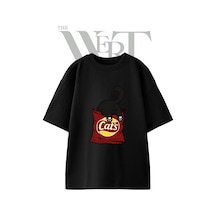 Thewert Kedi Cips Tasarım Baskılı Ünisex Siyah Oversize T-shirt