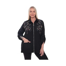 Lady Majestic Dokuma Motifli Pamuklu Büyük Beden Fermuarlı Desenli Gömlek Ceket 44-58 Beden Siyah