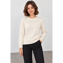 Bihan Store Kadın Gold Simli Sıfır Yaka Uzun Kollu Triko Bluz W27-31628 - Ekru