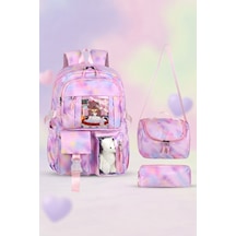 Kawaii Kore Tarzı Pembe Twil Kumaş Desenli Sırt Çantası,beslenme Çantası Ve Kalemlikli Üçlü Set