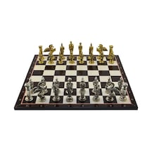 Gifthome Battal Boy Metal Pegasus Satranç Takımı Parlak Ve Katlanır Ceviz Desenli Mdf Satranç Tahtası 43x43 Cm.