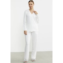 Sementa Gömlek Model Nakışlı Pijama Takım - Ekru Ekru