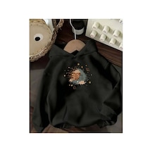 Herkesemoda Gezegen Ve Güneş Baskı Detaylı İçi Polarlı Kapüşonlu Sweatshirt Siyah