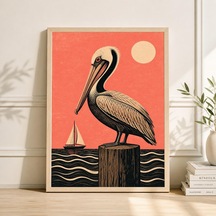 Pelican Okyanus Posteri Pembe Gün Batımı Manzarası Vintage Linol Baskı Sahil Duvar Sanatı
