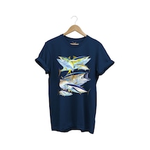 Balık Desenli Gümüş Balığı Baskılı %100 Pamuk Regular Fit Bisiklet Yaka Lacivert T-shirt Lacivert