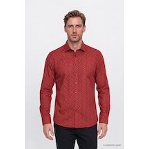 Ac&Co / Altınyıldız Classics Erkek Kırmızı Sıyah Pamuklu Slim Fit Dar Kesim Klasik Yaka Baskılı Gömlek
