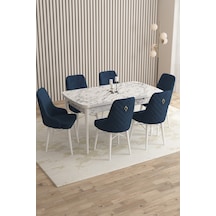 Rovena Queen Beyaz Mermer Desen 80x132 Açılabilir Mutfak Masası Takımı 6 Adet Sandalye Lacivert 1212