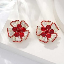 Ganzhoushop Yeni Retro Mücevher Lüks Küpe Kristal Kırmızı Kadın İçin Şık Çiçek Desenli High-end Görünümlü Takı Kırmızı