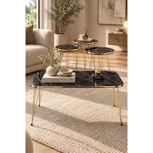 Odera Çift Bendir Siyah Mermer Desenli Orta Sehpa Ve Yuvarlak Zigon Sehpa 4'lü Set Tel Metal Ayaklı Retro Modern Salon Sehpası Diğer