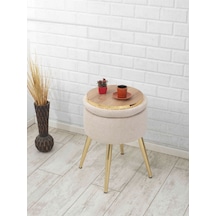 Bella Metal Ayaklı Puflu Teddy Kumaş Puf&sehpa Altın Beyaz Gold White