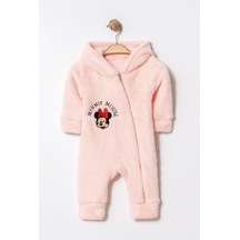 Kışlık Tatlı Welsoft Minnie Mouse Nakışlı Fermuarlı Kapüşonlu Bebek Tulum Pembe