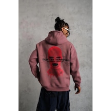 Erkek 3 İplik Pamuklu Kapüşonlu Baskılı Cepli Sweatshirt Hoodie - Gül Kurusu Gülkurusu