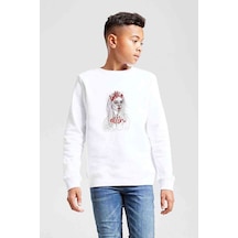 Tshirthane Billi E Eilish Karakalem Çizim Baskılı Unisex Çocuk Beyaz Sweat