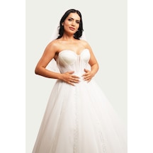 Canım Kendim Store İnci Beyazı Drape - Transparan Detaylı Helen Model Gelinlik Beyaz