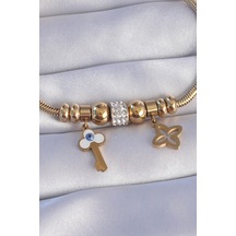 Zarif Kadın İçin Golden Çelik Zirkon Yonca Nazarlık Anahtar Stil Bileklik Gri