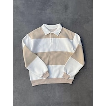 Unisex Üç İplik Parçalı Yakalı Sweatshirt - Bej 001