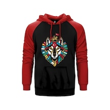 Totem Tarzı Kırmızı Renk Bozkurt Amblemi Baskılı Çift Renk Reglan Kol Sweatshirt / Hoodie