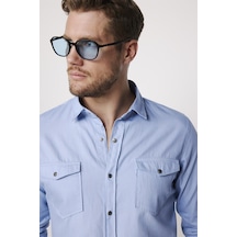 Tudors Slim Fit Uzun Kol Kot Çift Cep Çıtçıtlı Denim Mavi Erkek Gömlek-27740-mavi