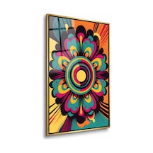 Retro Şeritli Çiçek Mandala Gold Çerçeveli Cam Tablo