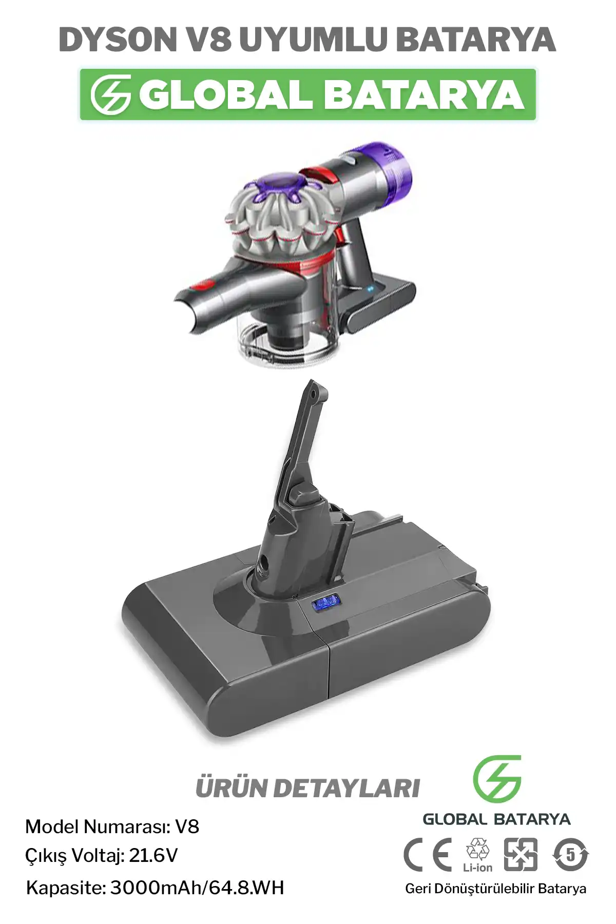 Dyson V8 Uyumlu Dikey Süpürge Bataryası 3000mah 21.6v Li-ion Pil