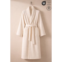 Çizgili Bornoz %100 Sertifikalı Pamuk Şal Yaka Unisex Banyo Bornoz / Sabahlık 340 Gr/m2 Krem Renk