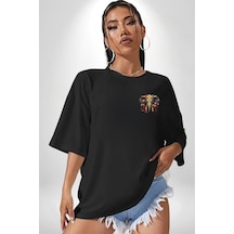 Bereket Fil Hintli Tasarım Siyah Oversize Unisex Ön Sol Yan Minimal Baskılı Tişört Koyu Siyah