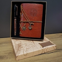 Deri Pusula Tasarımlı Defter Metal Kalem Seti