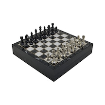 Gifthome Orta Boy Premium Black Metal Klasik Satranç Takımı Ve Mermer Desenli Sandıklı Mdf Tahtası 30x30x6 Cm.