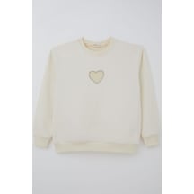 Breeze Kız Çocuk Sweatshirt Işıltılı Kalp Masalı İnci İşlemeli 9-14 Yaş, Krem Krem