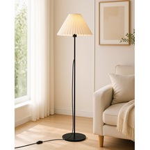 Siyah Metal Ayaklı Lambader Pileli Kırma Krem Başlıklı Salon Yatak Odası Köşe Aydınlatma 150 Cm Lam01