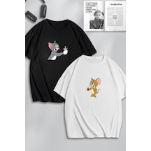Unisex Kadın Erkek Tom Ve Jerry Çay Baskılı Sevgili Çift Kombini Tasarım Oversize Tshirt 2li Siyah Beyaz Mck0490 Siyah Beyaz