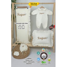 Gros Shop Müslin Yeni Doğan 4katlı Organik %100pamuk Kişiye Özgü Nakışlı Hastane Çıkış Seti Yaprak Desen-2 Ekru-1