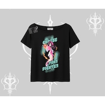 Tarzsokak Kayık Yaka Tshirt Oversize Anime Kız Desenli Japon Stil Siyah