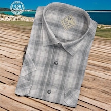 Linen Keten Klasik %100 Cotton Kısa Kollu Terletmeyen İki Cepli Kapaklı Gri Gömlek Regular Kalıp -10171 Gri