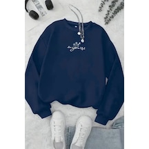 Unisex Lacivert Be-you-tiful Baskılı Bisiklet Yaka Sweatshirt- Kışlık Şardonlu Kumaş Lacivert