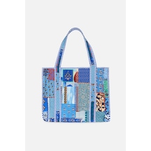 İcone Bag Patch Yama Desen Baskılı Kapitoneli Plaj Çantası, İçi Çizgili Baskılı Shopper Çanta, Pembe Plaj Çantası Mavi
